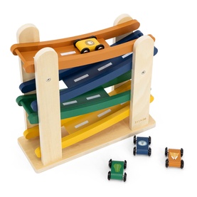Trixie multi-coloured wooden car ramp toy with four-tier track and three mini race cars in blue, green and orange