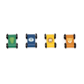 Trixie set of 4 wooden pull-back toy cars in green, blue and yellow with animal face motifs and black wheels