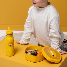Trixie orange lion lunch box styled with matching water bottle, shown on yellow table with child in background