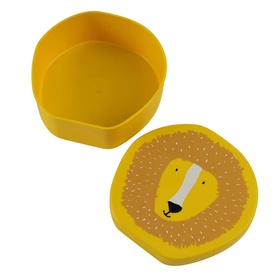 Trixie orange lion snack pot lunch box with illustrated lion face lid, shown open to reveal yellow interior container