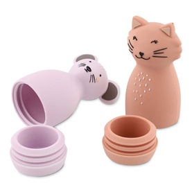 Trixie stacking toy set featuring two animal figures &mdash; a pink mouse and terracotta cat &mdash; with separating cup sections, shown disassembled