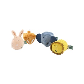 Trixie multi-coloured plush animal head toys set of four, featuring rabbit, fox, elephant and lion characters