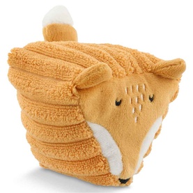Trixie orange fox-shaped plush cube toy with embroidered face, ribbed texture, small ears and tail detail