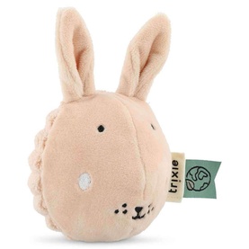 Trixie small pink plush bunny rattle toy with embroidered face details and green branded tag