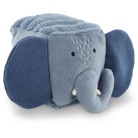 Trixie blue knitted elephant soft toy with textured body, denim-blue ears, and small white tusks