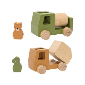 Trixie wooden toy trucks in green and natural with shape-sorter bodies, paired with small animal figures in orange and green