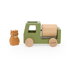 Trixie green wooden toy truck with natural wood barrel and small bear figure, displayed alongside vehicle