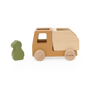 Trixie wooden toy truck in natural beige with shape-sorting back and small green dinosaur figure alongside