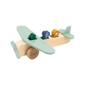 Trixie wooden toy aeroplane in mint green and natural wood with three small colourful animal figures seated inside