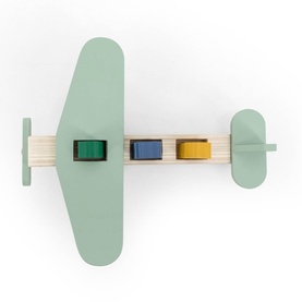 Trixie wooden toy aeroplane in sage green with colourful multi-block seats, natural wood body, small propeller detail