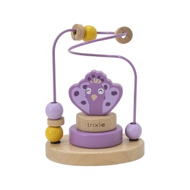 Trixie wooden bead maze toy in purple and yellow with peacock motif on circular natural wood base