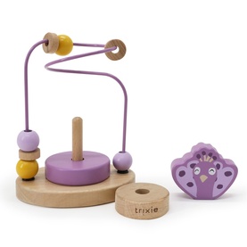 Trixie wooden bead maze toy in purple and natural wood tones, with stacking rings and a hedgehog character piece