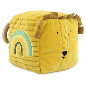 Trixie orange lion activity cube soft toy with rainbow embroidery, wooden teething ring handle and textured fabric panels