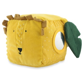 Trixie yellow lion cube soft toy with mirror panel and green leaf detail, plush fabric with embroidered face