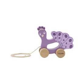 Trixie wooden pull-along peacock toy in purple with natural wood wheels and string