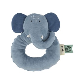 Trixie blue elephant plush ring rattle toy with soft trunk and embroidered face detail, small round grab size
