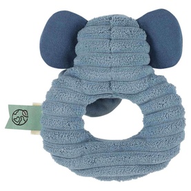 Trixie blue elephant ring rattle with ribbed texture, dark blue ears, and small green branded tag