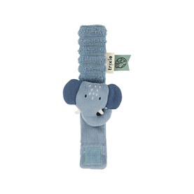 Trixie blue elephant wrist rattle toy with soft plush face and textured elasticated band for babies