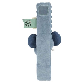 Trixie blue elephant soft seatbelt cover toy with plush grey fabric, navy ears, and green label tag.