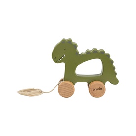 Trixie green wooden dinosaur pull-along toy with natural wood wheels and pull string