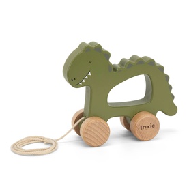 Trixie green dinosaur silicone pull-along toy with natural wooden wheels and cream string cord