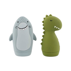 Trixie set of two silicone character bath toys: grey shark and olive green dinosaur figures