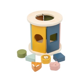 Trixie multicoloured wooden shape sorter toy with cylindrical drum and six shaped blocks in yellow, blue, green and orange