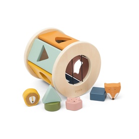 Trixie wooden shape-sorter roller toy in multi colours with animal-themed shape blocks including fox, lion and triangle pieces