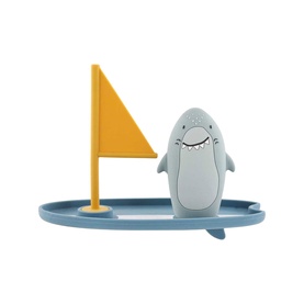 Trixie grey shark character bath toy set with blue oval tray and yellow flag, smiling face detail