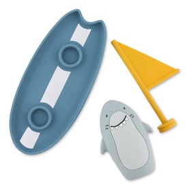 Trixie grey shark bath toy set with blue surfboard and yellow flag pieces, three-part children's water play set