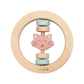 Trixie wooden ring rattle toy featuring a pink cat face and mint green beads on a natural beech wood circular frame