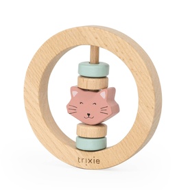 Trixie wooden ring rattle toy featuring a pink cat face with mint green and natural beech wood discs