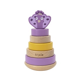 Trixie wooden stacking toy in purple and yellow with peacock topper, natural wood base rings