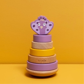 Trixie wooden stacking toy in purple and yellow with a leopard character topper, five graduated rings on a round base