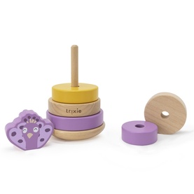 Trixie wooden stacking ring toy in yellow, lilac and natural wood tones with a bear-shaped ring piece, disassembled view