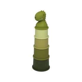 Trixie green dinosaur stacking cups toy, five graduated cups in tonal greens topped with a dino head figure