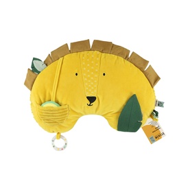 Trixie yellow lion activity cushion toy with textured mane, leaf detail, and teething ring attachment