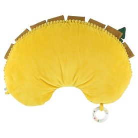 Trixie orange crescent-shaped plush activity cushion with pom-pom trim, fabric tags, and hanging ring toy attachment