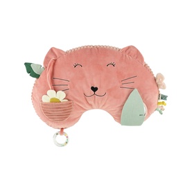 Trixie pink cat-shaped activity cushion toy with teething ring, floral pocket, and sensory tags