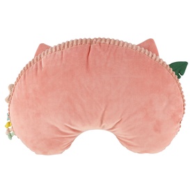 Trixie pink velvet cat-shaped cushion with lace trim, small ears, and floral detail tag, rear view.