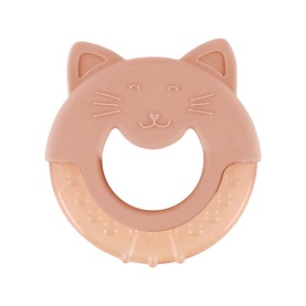 Trixie pink silicone cat-shaped baby teething ring with textured lower edge and raised facial features