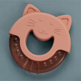 Trixie pink cat-shaped silicone baby teether ring with brown textured biting section, no model