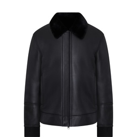 Yves Salomon noir shearling casual jacket with fur collar, zip fastening, and ribbed cuffs and hem