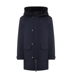 Yves Salomon Flap Pocket Parka in Egee navy, hooded longline wool coat with button placket, patch pockets and snap-button flaps