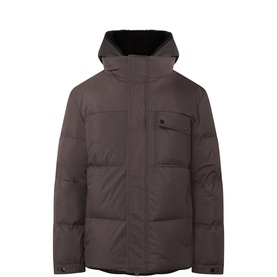 Yves Salomon Cold Brew Down Jacket with hood, chest pocket, and quilted panels in dark brown