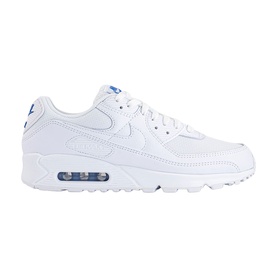Nike Air Max 90 trainer in white with blue Crystal Air unit, leather upper, white rubber sole, men's shoe