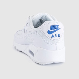 Nike Air Max 90 trainer in white leather with blue crystal branding, white midsole and Air unit, rear three-quarter view