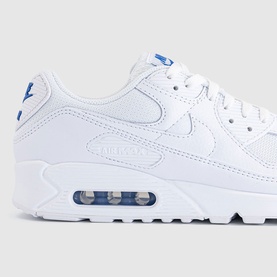 Nike Air Max 90 trainer in white leather with blue crystal Air unit and royal blue heel tab detail, white sole.