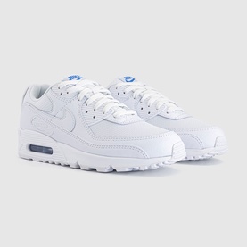Nike Air Max 90 trainers in white with blue crystal Air unit, white leather upper and white sole, shown as a pair