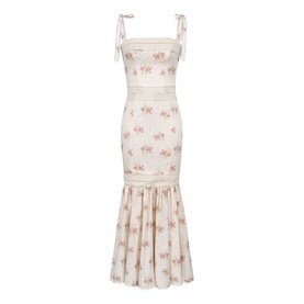 House of CB Ivory Vintage Rose floral midi dress with tie straps, smocked bodice, and tiered flared hem